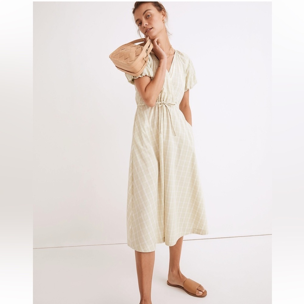 Madewell Oversized Plaid Tie-Waist Midi Dress In Light Green And White Size XXS